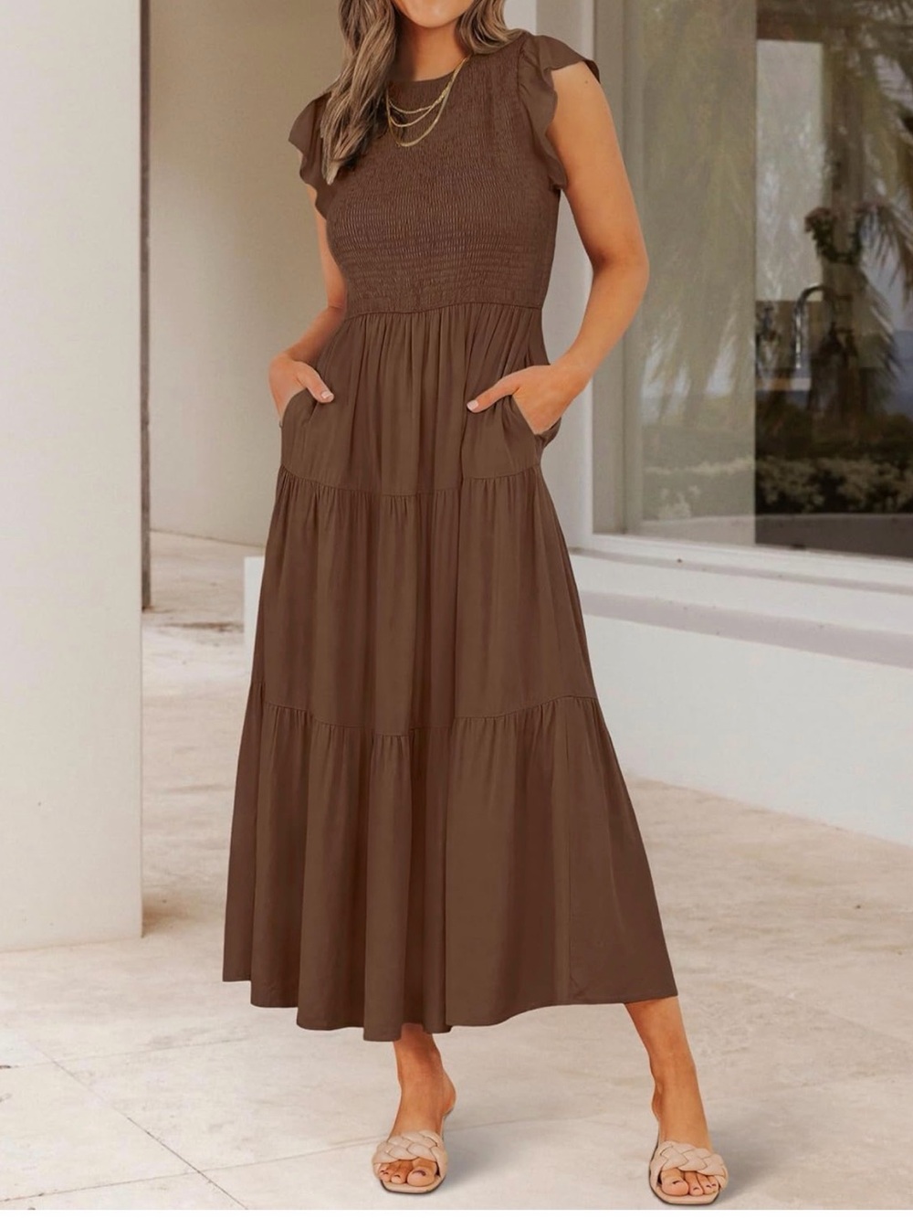 Casual Brown Smocked Tiered Maxi Dress with Pockets